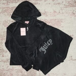 Juicy Couture Black Velour Hoodie & Shorts Set with Rhinestone Logo